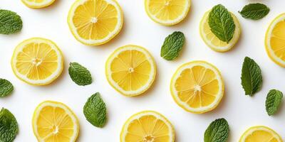 Lemon slices and mint leaves arranged in a refreshing pattern on a white background. photo
