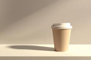 A coffee cup with a white lid sits on a table photo