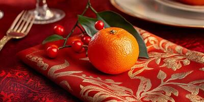 A small orange sits on a red cloth with a leaf on top photo