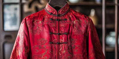 Traditional Red Chinese Silk Jacket with Intricate Embroidery Hanging on Display in Elegant Setting photo