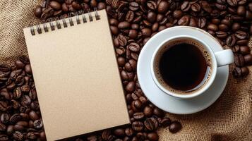 A white coffee cup with a black liquid in it sits on a table with a notebook photo