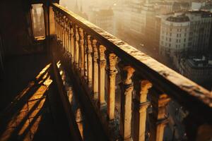 Golden Sunrise Illuminating a Historic Balcony Overlooking a Cityscape photo