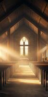 Sunlight Streaming Through Stained Glass Windows in a Serene Wooden Church Interior photo