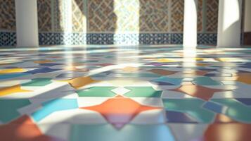 A colorful mosaic tile floor with a white base photo
