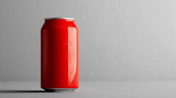 A red can of soda is sitting on a table photo