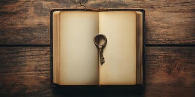 A key is sitting on top of an open book photo