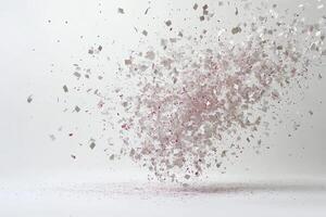 A white background with a pink and white explosion of paper photo