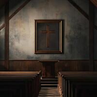 Serene Interior of a Rustic Church with Wooden Pews and a Framed Cross photo