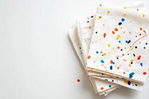 A stack of napkins with colorful splatters on them photo