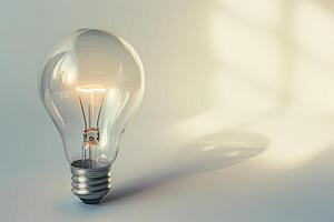 A light bulb is lit up and is sitting on a white surface photo