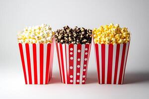 Three red and white popcorn boxes photo