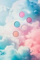 A group of colorful makeup palettes are suspended in the air above a cloudy sky photo