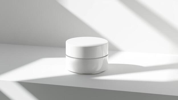 A white jar of cream sits on a white shelf photo