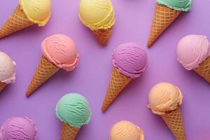 A row of colorful ice cream cones with different flavors photo