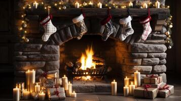 A fireplace with a mantle decorated with Christmas stockings and candles photo