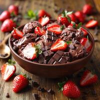 Chocolate ice cream topped with strawberries and chocolate pieces photo