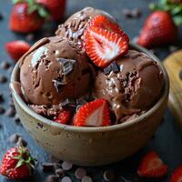 Close-up of a bowl of chocolate ice cream topped with strawberries and chocolate chips photo