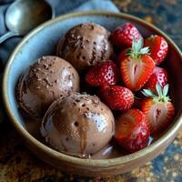 A bowl of chocolate ice cream topped with fresh strawberries photo
