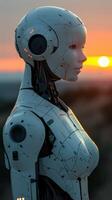 An android stands against a sunset, looking introspectively towards the horizon photo