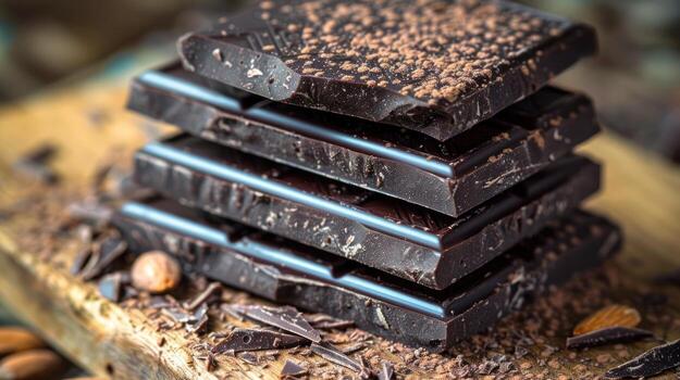 Close-up of dark chocolate bars with cocoa nibs on a rustic wooden surface photo
