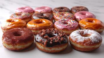 A collection of twelve assorted donuts, each with unique toppings and flavors photo