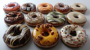 A collection of twelve colorful donuts with various toppings photo
