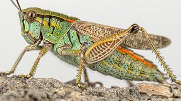 A close-up of a vibrant green grasshopper with intricate markings, perched on rough bark photo