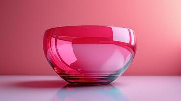 A glass bowl with a pink hue sits on a white surface photo