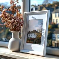 A white picture frame showcasing a house with a vibrant garden photo