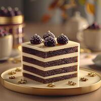 A square chocolate cake with four layers and blackberry accents photo