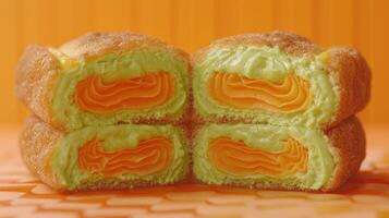 Closeup of four sweet rolls stacked on top of each other photo