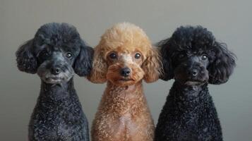 Three poodles of different colors pose for a photo