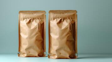 Two brown paper bags with strings on a blue background photo