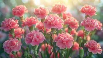 Pink carnations bloom in a lush green field photo
