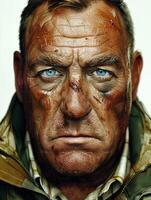 A close-up portrait of a man with a weathered face, scars, and a determined look photo