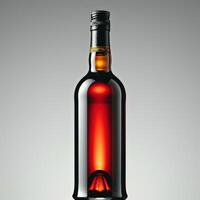 A single bottle of dark liquid with a golden band, standing against a gray background photo