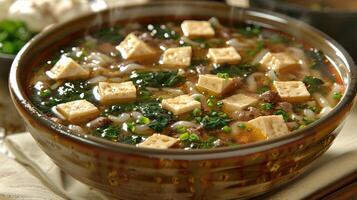 A close-up shot of a bowl of steaming soup with tofu, vegetables, and noodles photo