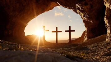 Three crosses are in a cave with the sun shining on them photo
