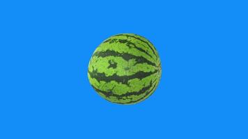 Bright green watermelon spinning in animated 3d rendering against blue backdrop video