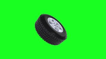 3D rendering of a car tire spinning against a bright green background video