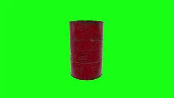 3D rendering of a weathered red barrel with hazard symbol on green background video