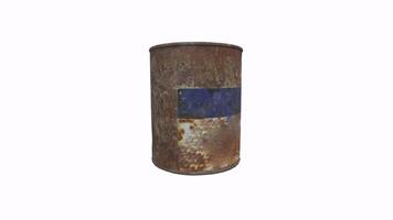 Rusty metal can with blue stripe in a detailed 3D rendering video