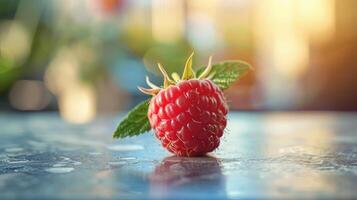 a raspberry with a leaf on a table photo