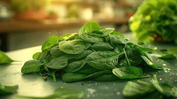 arafed spinach leaves on a table with a knife and a bowl of lettuce photo