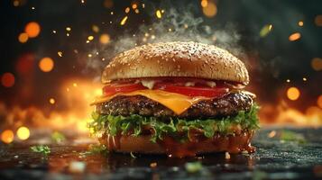A flaming burger with a blurred background of sparks and flames. photo