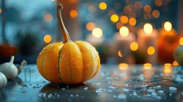 a small pumpkin sitting on a table with candles in the background photo
