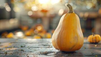 a yellow squash sitting on a table with other small pumpkins photo