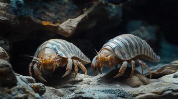Two hermit crabs are walking on the sand in the cave. photo