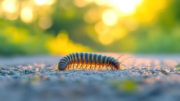 Millipede crawling on the road in the morning. photo