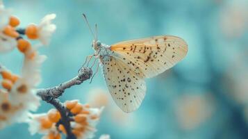 A beautiful butterfly sits on a blooming tree in spring. photo